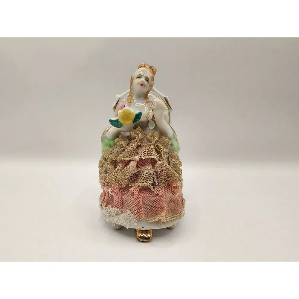 Vintage Porcelain Lace Ladies Figurines Pair Seated Flowers Japan 4 inches